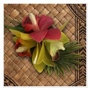 Tropical Hawaiian silk flower triple pink yellow and green orchids hair clip